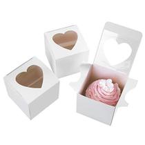 MAIS 3"Mini Favor Único Caixas de Cupcake Branco com Janela de Forma de Coração sem Alça, Pequeno Transportador de Caixa de Cupcake Recipientes Individuais 3X3X3inch, Pacote de 25
