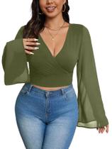 MakeMeChic Blusa Cropped Plus Size com Manga Sino e Transpasse, 3XL MakeMeChic Blusa Cropped Plus Size com Manga Sino e Transpasse, 3XL