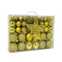 Maleta 100 Bolas de Natal Douradas Mistas Luxo e Ponteira Diversos Tamanhos Glitter, Fosca, Brilho e Arabesco