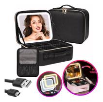 Maleta Bolsa Cosméticos Maquiagem Com Espelho Led Blogueira viagem