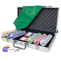 Maleta de Poker 300 Fichas Numeradas + 2 Baralhos Texas Holdem + Botão Dealer + 5 Dados