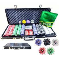 Maleta de Poker 500 Fichas Luxo Tapete Chave 2 Baralhos 5 Dados Pôquer