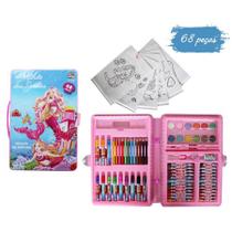 Maleta escolar mundo das sereias pintura colorida infantil giz canetinhas aquarela c/ 68 pcs