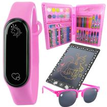 Maleta escolar + relogio digital + lousa magica LED + oculos rosa regua lapis cor apontador presente - Orizom