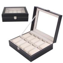 Maleta estojo caixa porta relogio organizadora para 12 relogios em madeira e couro com visor