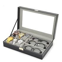 Maleta estojo porta 6 relogios e 3 oculos caixa organizadora relogio e oculos em madeira e couro com chave e visor luxo Maleta estojo porta 6 relogios e 3 oculos caixa organizadora relogio e oculos em madeira e couro com chave e visor luxo