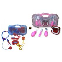 Maleta kit Dentista Rosa e Kit Médico Azul 2 Produtos Brinquedo de Educativo de Profissoes