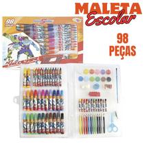 Maleta Kit Escolar com 98 Peças Hero Squad Com Canetinhas Tinta Aquarela Lápis de Cor Giz de Cera Clips Tesoura Completo