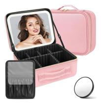Maleta Maquiagem Completa Profissional Com Espelho e Luz de Led, Blogueira, Cor Rosa