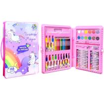 Maleta para Colorir de Unicórnio Estojo com Desenhos Lápis Canetinha Giz 68pçs