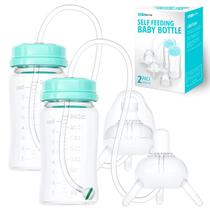 Mamadeira Skywin Self Feeding 240mL, pacote com 2 unidades com palha verde