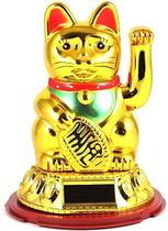 Manekineko Gato da Sorte Energia Solar Dourado Japonês 9,5cm