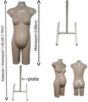Manequim feminino adulto (meio corpo gravida P.36) bege com tampa + pedestal H na cor prata.