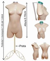 Manequim feminino adulto (meio corpo jó N.36) bege com tampa prata + pedestal retro na cor prata. Manequim feminino adulto (meio corpo jó N.36) bege com tampa prata + pedestal retro na cor prata.