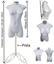 Manequim feminino adulto (meio corpo jó n.36) branco com tampa prata + pedestal retro na cor prata. Manequim feminino adulto (meio corpo jó n.36) branco com tampa prata + pedestal retro na cor prata.