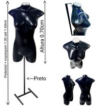 Manequim feminino adulto (Meio corpo jo N.36) preto com tampa de metal + pedestal H na cor preto Manequim feminino adulto (Meio corpo jo N.36) preto com tampa de metal + pedestal H na cor preto