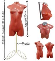 Manequim feminino adulto (meio corpo jó N.36) Rose com tampa Prata + pedestal retro na cor prata.