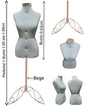Manequim feminino (Busto costureira M.40) off-white + pedestal retro na cor bege.