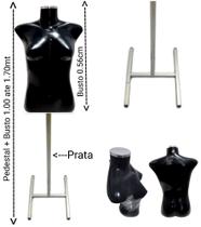 Manequim feminino (Busto magro P. 36) preto com tampa + pedestal H na cor prata - Ksouza manequins