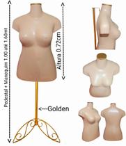 Manequim feminino (Busto plus size GG N.46) bege com tampa Golden + pedestal retro na cor Golden.