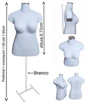 Manequim feminino (Busto plus size GG N.46) branco com tampa prata + pedestal H na cor branco.