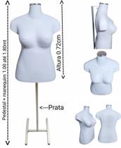 Manequim feminino (Busto plus size GG N.46) branco com tampa prata + pedestal H na cor prata. Manequim feminino (Busto plus size GG N.46) branco com tampa prata + pedestal H na cor prata.