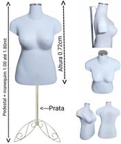 Manequim feminino (Busto plus size GG n.46) branco com tampa prata + pedestal retro na cor prata.