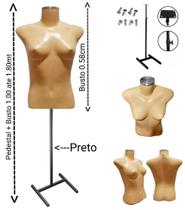 Manequim feminino (Busto Slim P.36) bege com tampa prata + pedestal H costureira na cor preto.