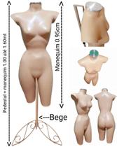 Manequim feminino (Meio corpo cinturinha N.36) bege com tampa prata + pedestal retro na cor bege.