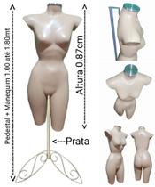 Manequim feminino (meio corpo cinturinha N.36) bege com tampa prata + pedestal Retro na cor prata.
