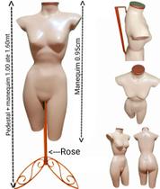 Manequim feminino (Meio corpo cinturinha N.36) bege com tampa Rose + pedestal retro na cor Rose