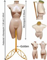 Manequim feminino (Meio corpo cinturinha N.36) bege, tampa Golden + pedestal retro na cor Golden.