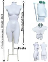 Manequim feminino (Meio corpo cinturinha N.36) branco com tampa prata + pedestal H na cor prata.