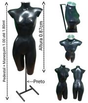 Manequim feminino (Meio corpo cinturinha N.36) Preto com tampa de metal + pedestal H na cor preto. Manequim feminino (Meio corpo cinturinha N.36) Preto com tampa de metal + pedestal H na cor preto.