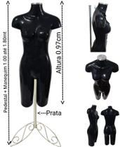 Manequim feminino (Meio corpo definido N.38) preto com tampa + pedestal retro na cor prata