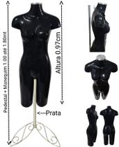 Manequim feminino (Meio corpo definido N.38) preto com tampa prata + pedestal retro na cor prata
