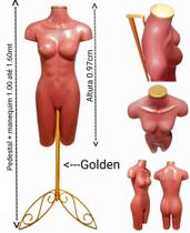 Manequim feminino (Meio corpo definido N.38) Rose com tampa golden + pedestal retro na cor Golden.