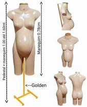 Manequim feminino (Meio corpo gravida N.38) bege com tampa Golden + pedestal H na cor Golden. Manequim feminino (Meio corpo gravida N.38) bege com tampa Golden + pedestal H na cor Golden.