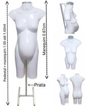 Manequim feminino (Meio corpo gravida N.38) branco com tampa prata + pedestal H prata.
