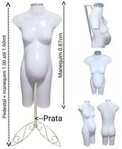 Manequim feminino (Meio corpo gravida N.38) branco com tampa prata + pedestal retro prata.