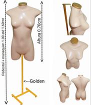 Manequim feminino (Meio corpo Jó N.36) bege com tampa Golden + pedestal H na cor Golden. Manequim feminino (Meio corpo Jó N.36) bege com tampa Golden + pedestal H na cor Golden.