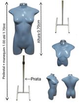 Manequim feminino (Meio corpo jó N.36) cinza com tampa e pedestal H na cor prata.