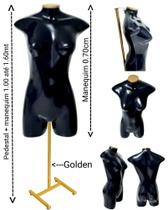 Manequim feminino (Meio corpo jó n.36) preto com tampa Golden + pedestal H na cor Golden