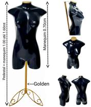 Manequim feminino (meio corpo jó N.36) preto com tampa Golden + pedestal retro na cor Golden Manequim feminino (meio corpo jó N.36) preto com tampa Golden + pedestal retro na cor Golden