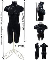 Manequim feminino (Meio corpo modelo definido N.38) preto com tampa prata + pedestal retro prata Manequim feminino (Meio corpo modelo definido N.38) preto com tampa prata + pedestal retro prata