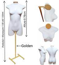 Manequim feminino (Meio corpo modelo jô N.36) branco com tampa Golden + pedestal H na cor Golden Manequim feminino (Meio corpo modelo jô N.36) branco com tampa Golden + pedestal H na cor Golden