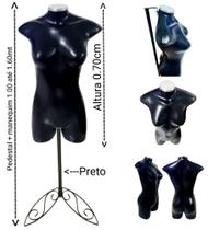 Manequim feminino (meio corpo modelo jó n.36) preto com tampa prata+ pedestal retro na cor preto