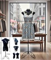 Manequim feminino (Meio corpo modelo jó n.36) Preto com tampa prata + pedestal retro preto