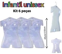 Manequim infantil (cabide silhueta unissex) transparente com gancho de metal kit 6 peças.