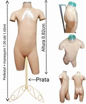 Manequim juvenil (Meio corpo unissex N.14) bege com tampa de metal + pedestal retro na cor prata.